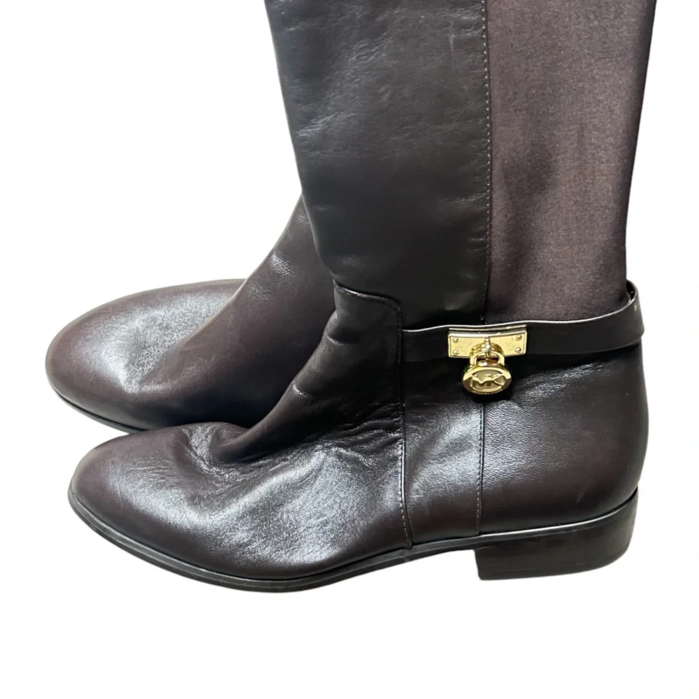 NEW MICHAEL KORS HAMILTON Leather/Stretch Brown Leather Riding Boots Size 5.5M